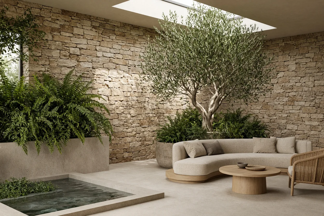 Hall d'hôtel biophilique avec mur en pierre, jardinières de fougères, banquette en lin et lumière naturelle zénithale