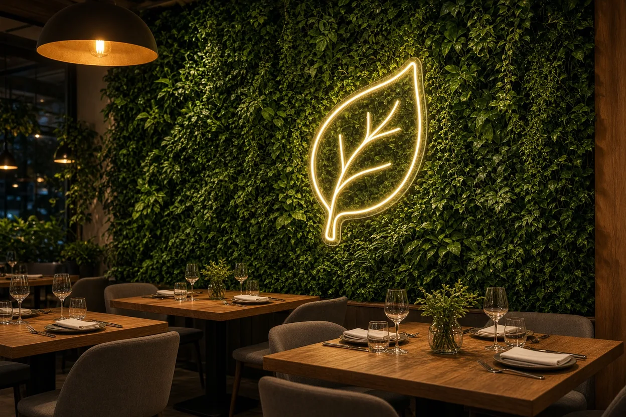 Salle de restaurant avec mur végétal, tables en bois massif et feuillage en néon LED blanc chaud intégré aux plantes