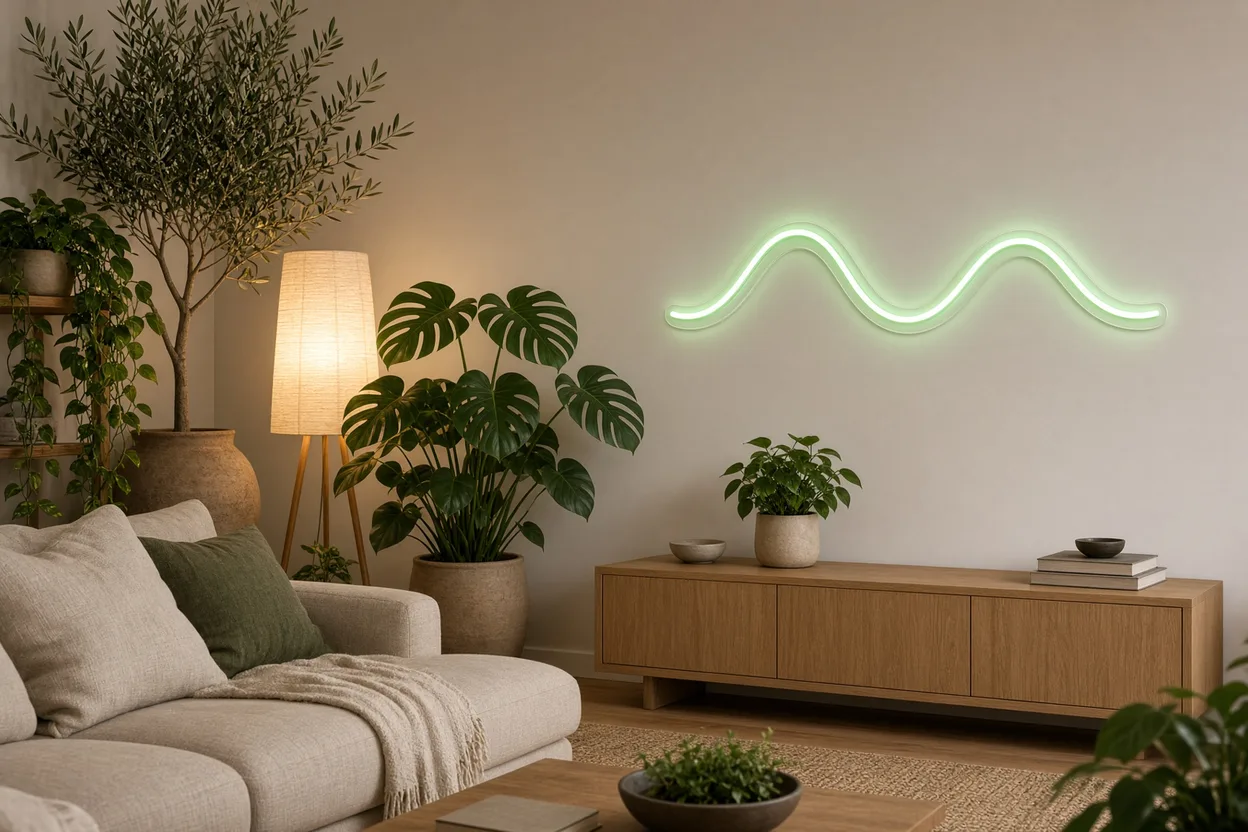 Salon le soir éclairé par une lampe en papier et une vague en néon LED vert doux sur plaque acrylique près de plantes