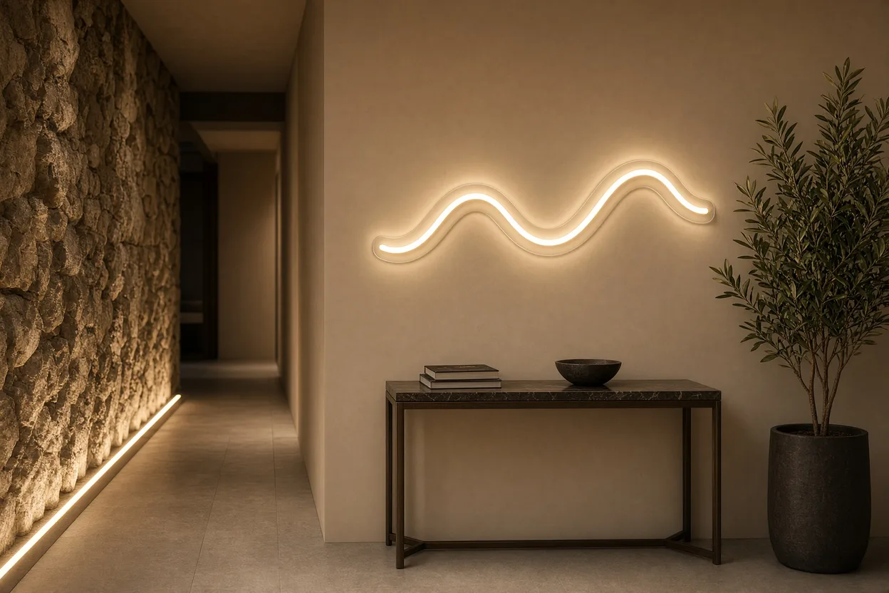 Mur en pierre éclairé en lumière rasante à côté d'une ligne lumineuse en néon LED blanc chaud dans un couloir