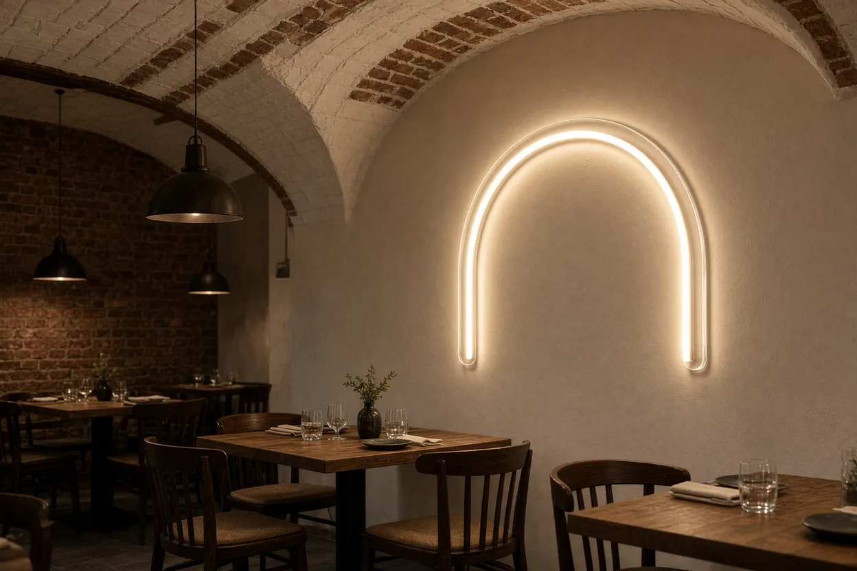 Arche en néon LED blanc chaud sur plaque acrylique, sous la voûte d'un restaurant aux murs en brique