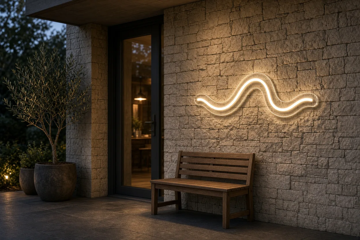 Entrée en pierre au crépuscule avec une vague en néon LED blanc chaud étanche fixée au mur, près d'un banc