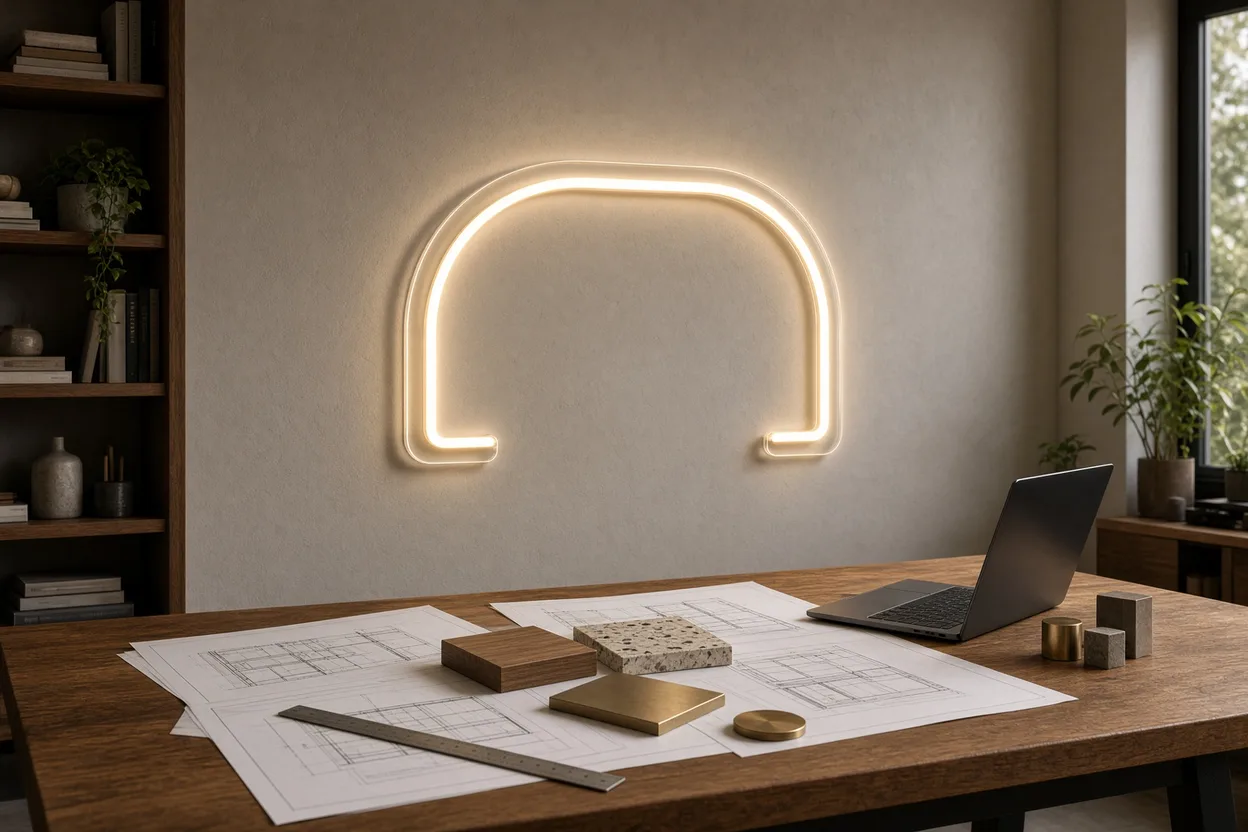 Table d'architecte avec plans cotés, échantillons de matériaux et petite pièce en néon LED sur plaque acrylique