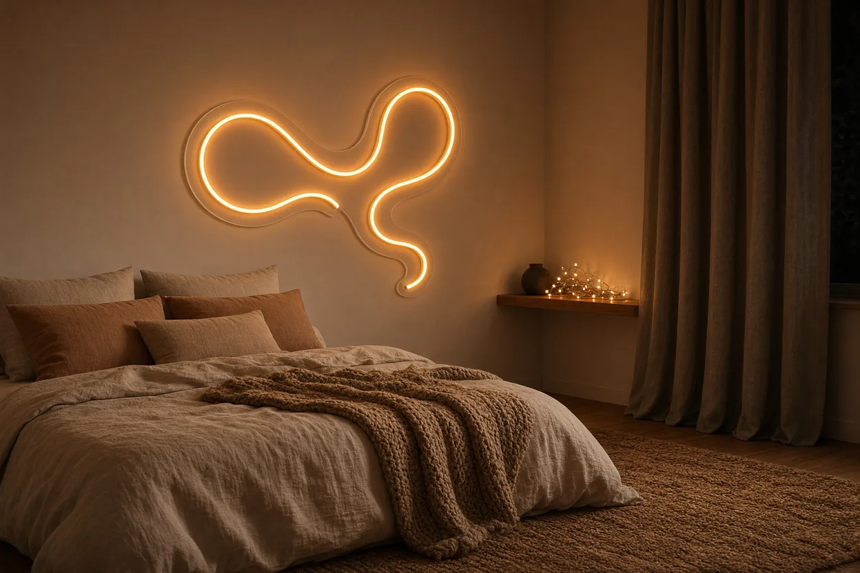 Cozy bedroom with layered textiles, wool throw, terracotta pillows and a dimmed amber LED neon shape above the bed