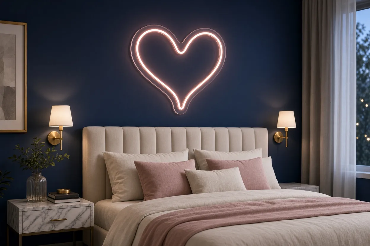 Chic bedroom with a navy wall, velvet headboard, brass sconces and a pale pink LED neon shape