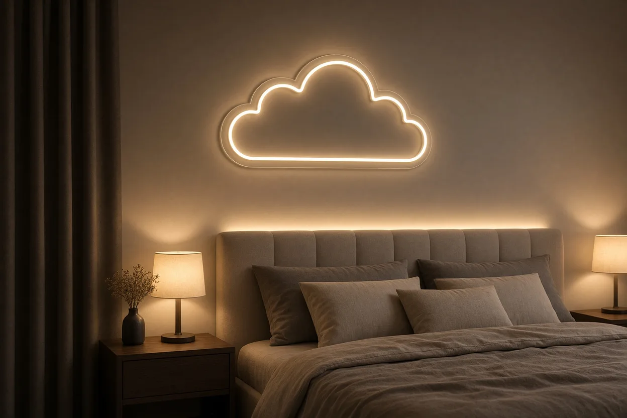 Bedroom lit in the evening by two warm bedside lamps and a dimmed warm white LED neon shape