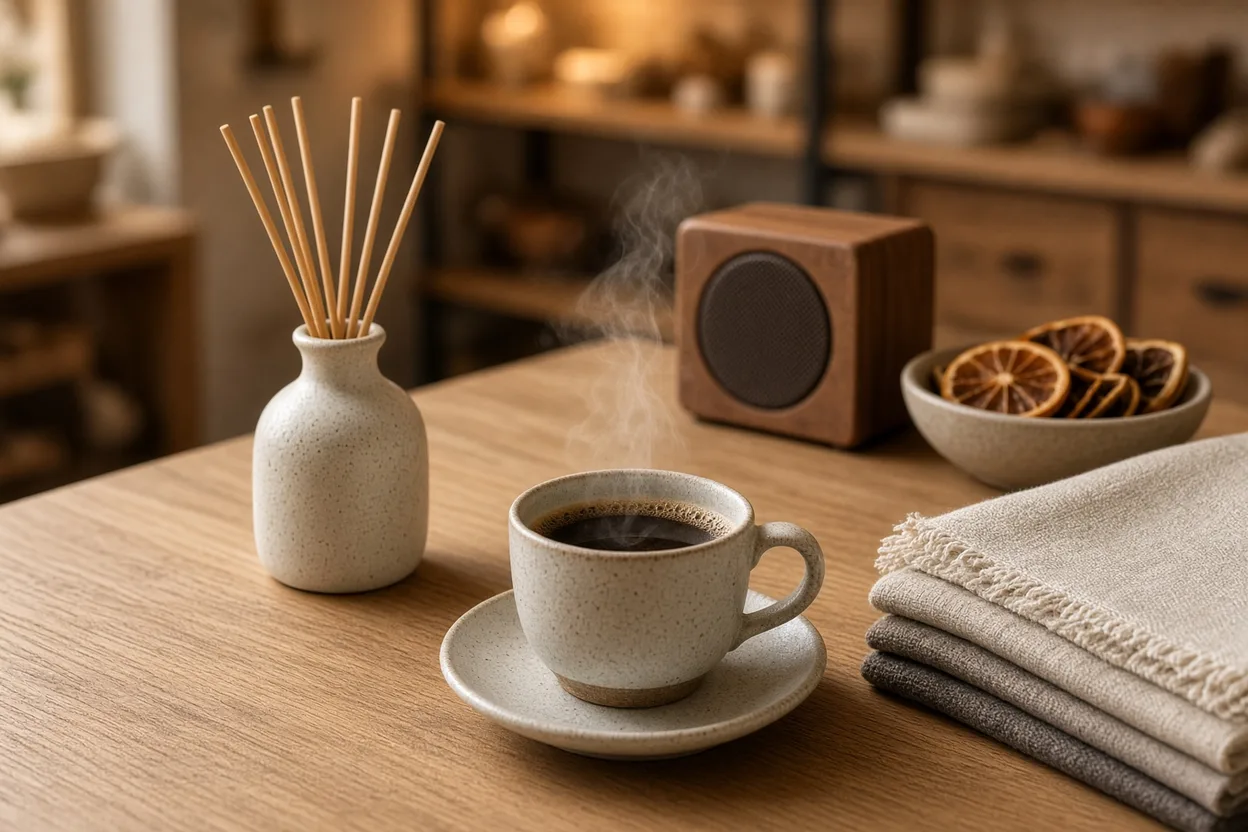 Diffuseur de parfum à bâtonnets, tasse de café fumante, échantillons de lin et de laine et petite enceinte en bois sur une table en chêne
