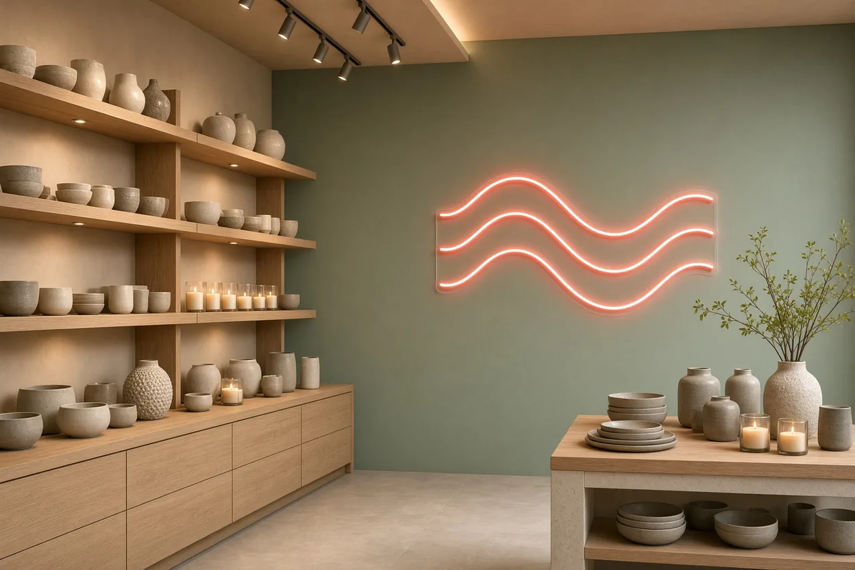 Concept store de céramiques éclairé par des spots chauds, avec trois vagues en néon LED rose corail sur plaque acrylique au mur vert sauge