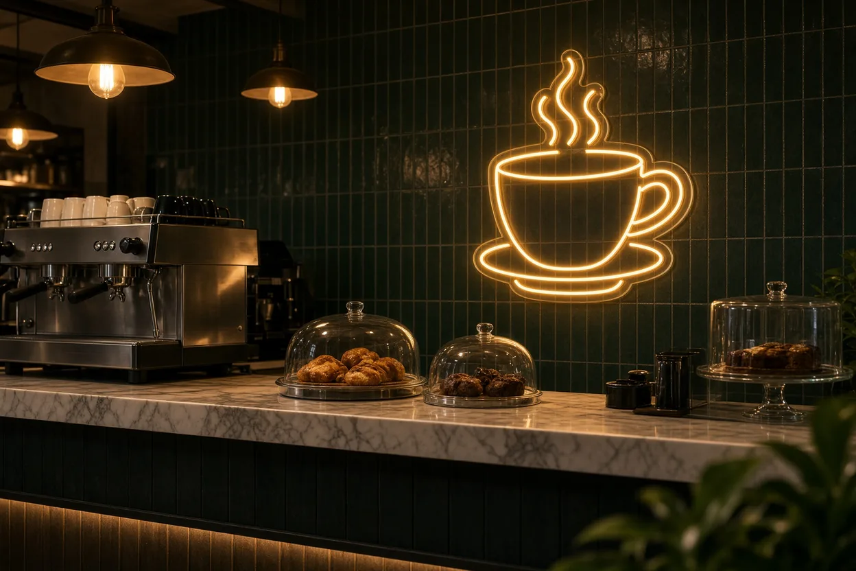 Comptoir de café en marbre le soir, viennoiseries sous cloche et tasse fumante en néon LED ambré sur plaque acrylique au mur de carreaux verts