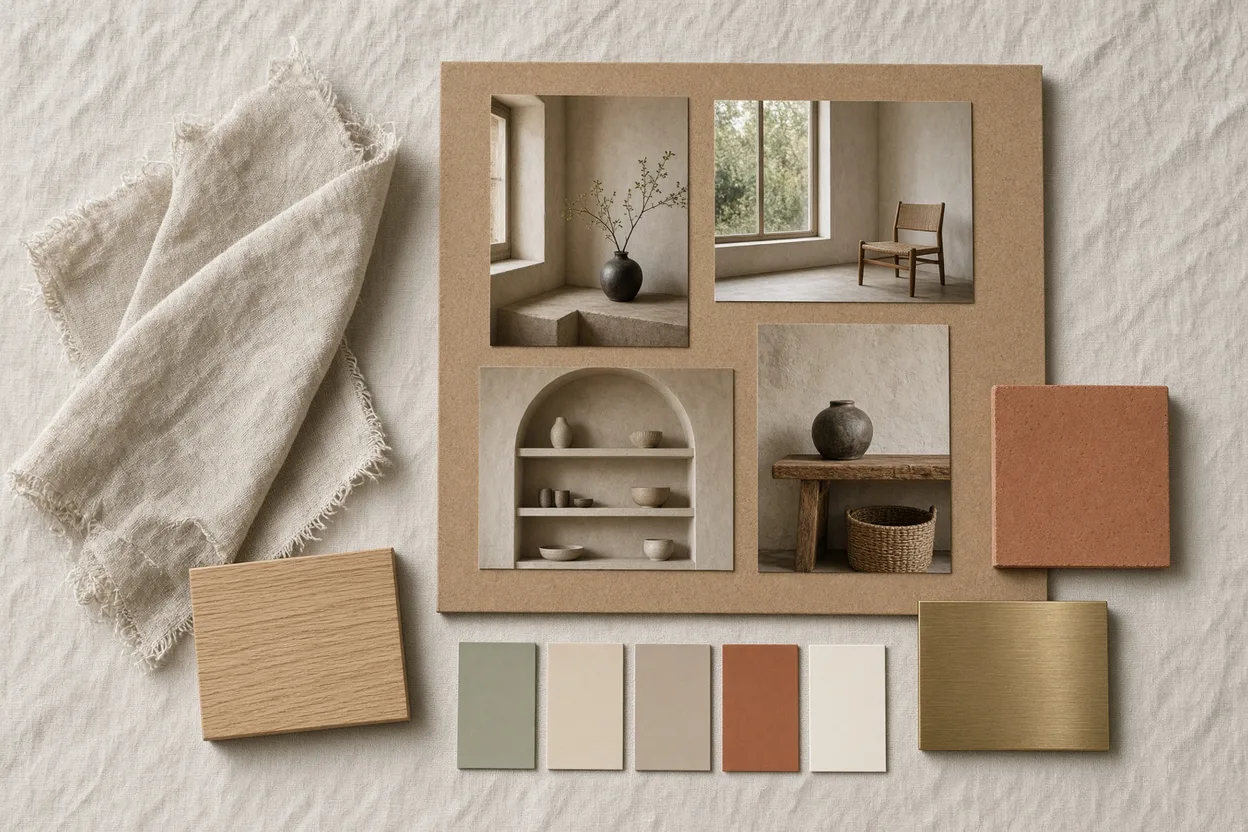 Panel de tendencias físico en formato A3 con fotos de interiores, muestras de lino, de roble y de latón y muestrario de colores