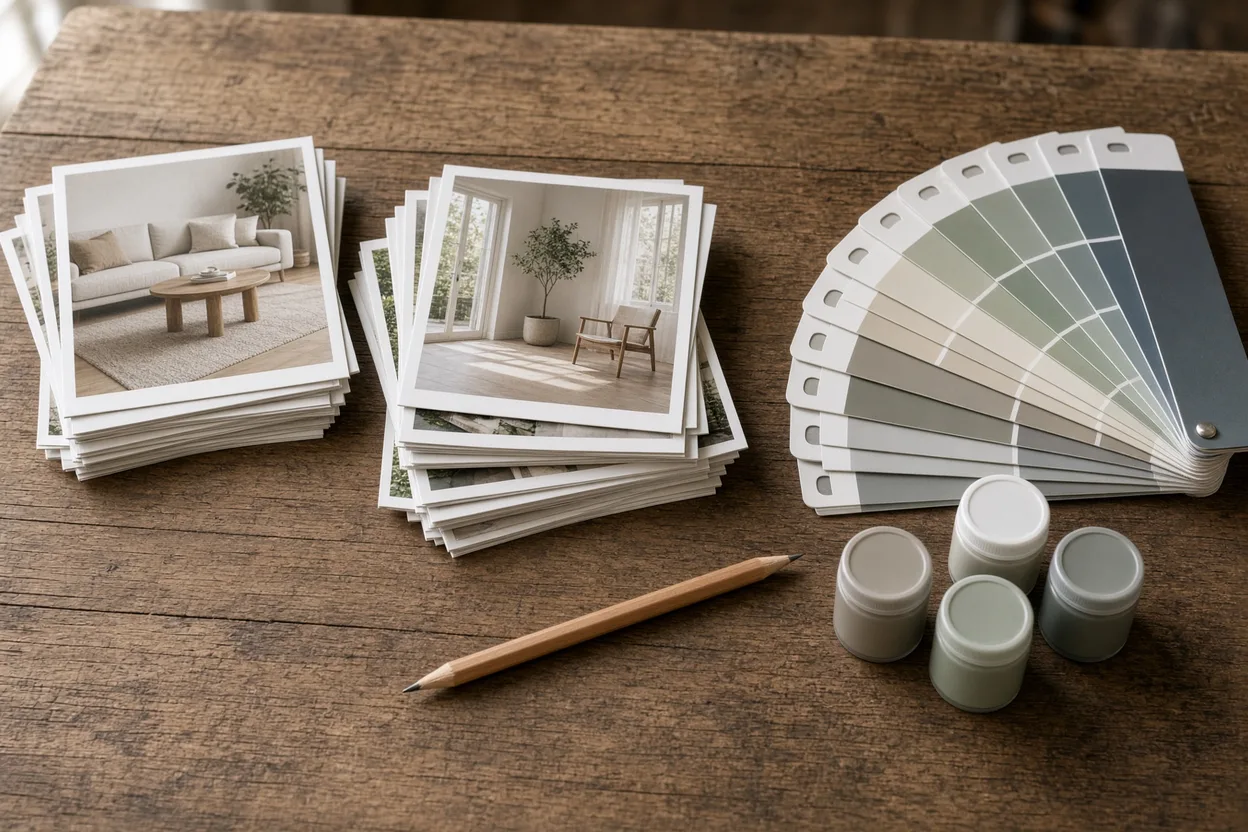 Fotos de ambiente clasificadas en dos montones sobre una mesa de madera junto a un muestrario y muestras de pintura