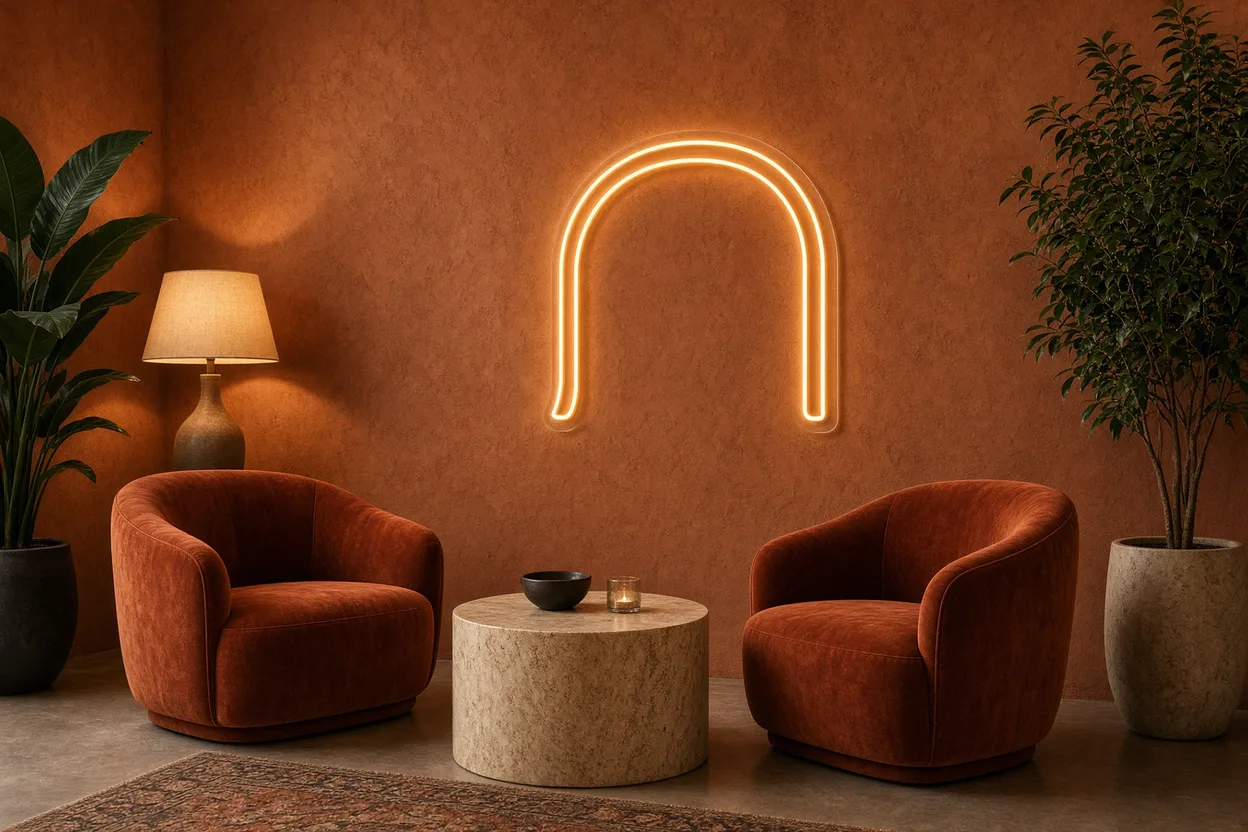 Vestíbulo de hotel inspirado en un moodboard terracotta con sillones de terciopelo, plantas y arco en neón LED ámbar sobre placa acrílica