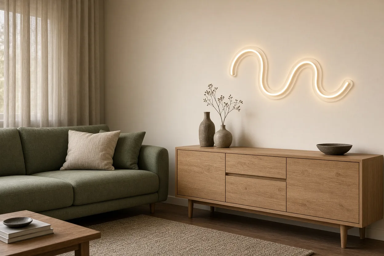 Salón realizado fiel a su panel de tendencias, sofá verde salvia, madera clara y línea en neón LED blanco cálido sobre placa acrílica