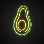 Néon LED Avocado Half em verde e amarelo quente sobre placa de acrílico transparente recortada