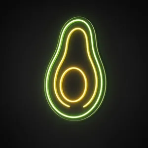 Neon LED Avocado Half verde e giallo caldo su pannello in plexiglass trasparente sagomato