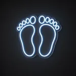 Neón LED Baby Feet en azul neón sobre placa de acrílico transparente recortada a medida