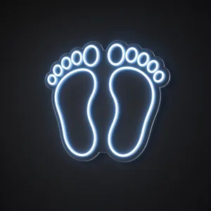 Neón LED Baby Feet en azul neón sobre placa de acrílico transparente recortada a medida
