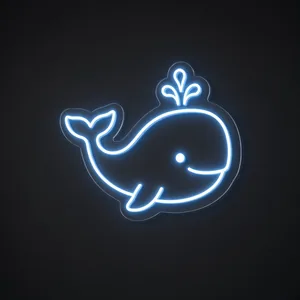 Néon LED Baby Whale em azul néon sobre placa de acrílico transparente recortada