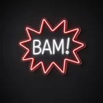 Bam LED neon sign in red and cool white on a clear cut-to-shape acrylic backboard