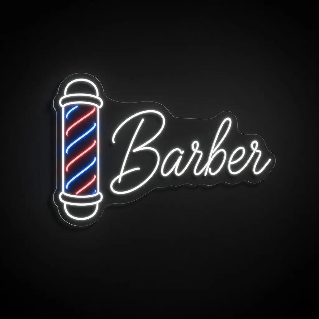 Néon LED Barber Pole em branco frio, vermelho e azul néon sobre placa de acrílico transparente recortada