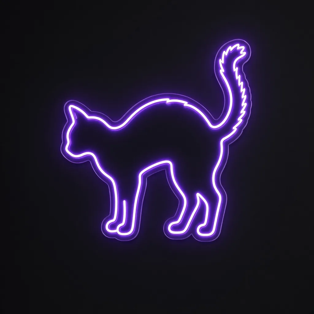 Πινακίδα νέον LED Black Cat σε μωβ, σε διάφανο ακρυλικό κομμένο στο σχήμα