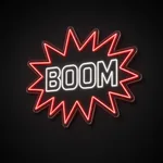 Néon LED Boom rouge et blanc froid, sur plaque en acrylique transparent découpée à la forme