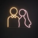Bride and Groom LED neon sign in warm white and pink on a clear cut-to-shape acrylic backboard