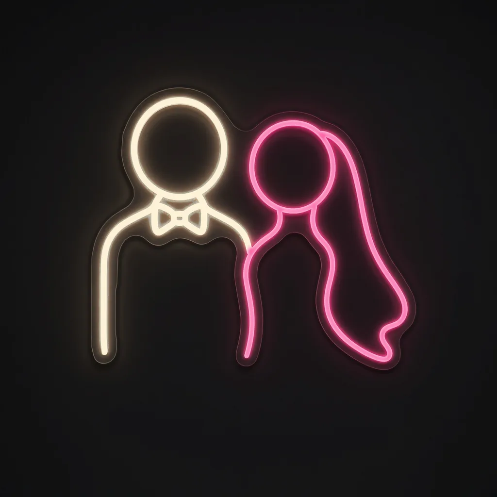 Neon LED Bride and Groom (ciepła biel i róż) na przezroczystej płycie akrylowej wyciętej po konturze