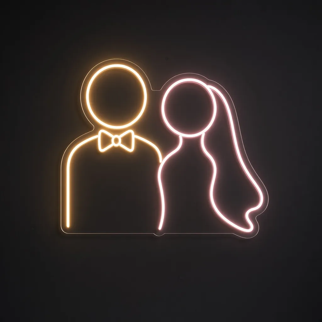 Bride and Groom LED neon sign in warm white and pink on a clear cut-to-shape acrylic backboard