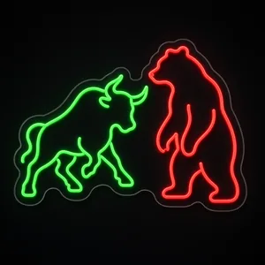 Neon LED Bull and Bear w zieleni i czerwieni, na przezroczystej płycie akrylowej wyciętej po obrysie