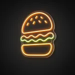 Neon LED Burger arancione e giallo caldo su pannello in plexiglass trasparente sagomato