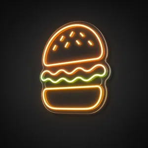 Neon LED Burger arancione e giallo caldo su pannello in plexiglass trasparente sagomato