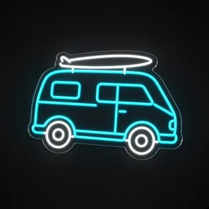 Neon LED Camper Van, turkusowy i zimnobiały, na przezroczystej płycie akrylowej wyciętej po obrysie