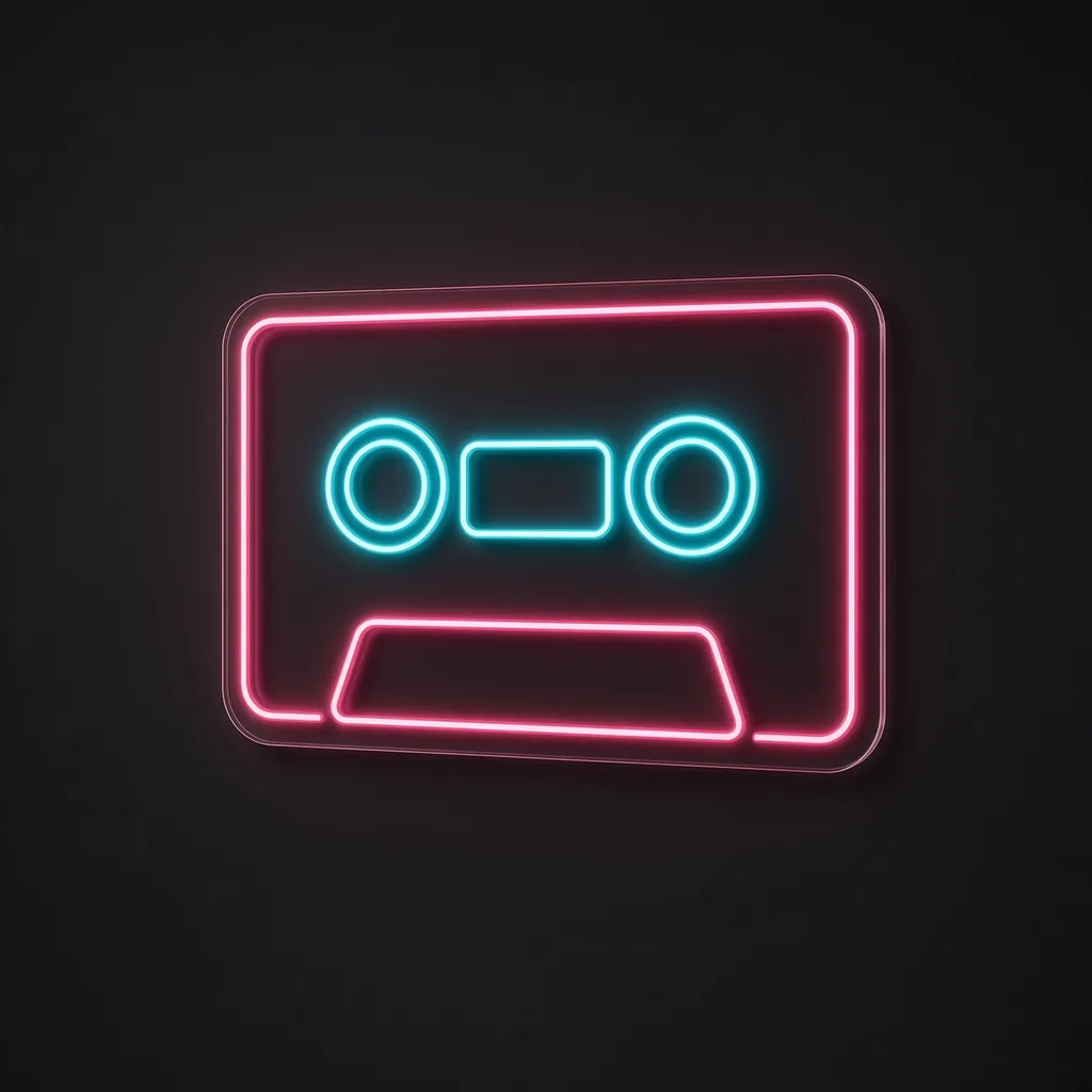 Néon LED Cassette Tape rose et turquoise, sur plaque en acrylique transparent découpée à la forme