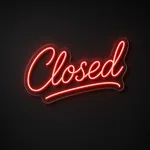 Closed LED neon sign in red on a clear cut-to-shape acrylic backboard