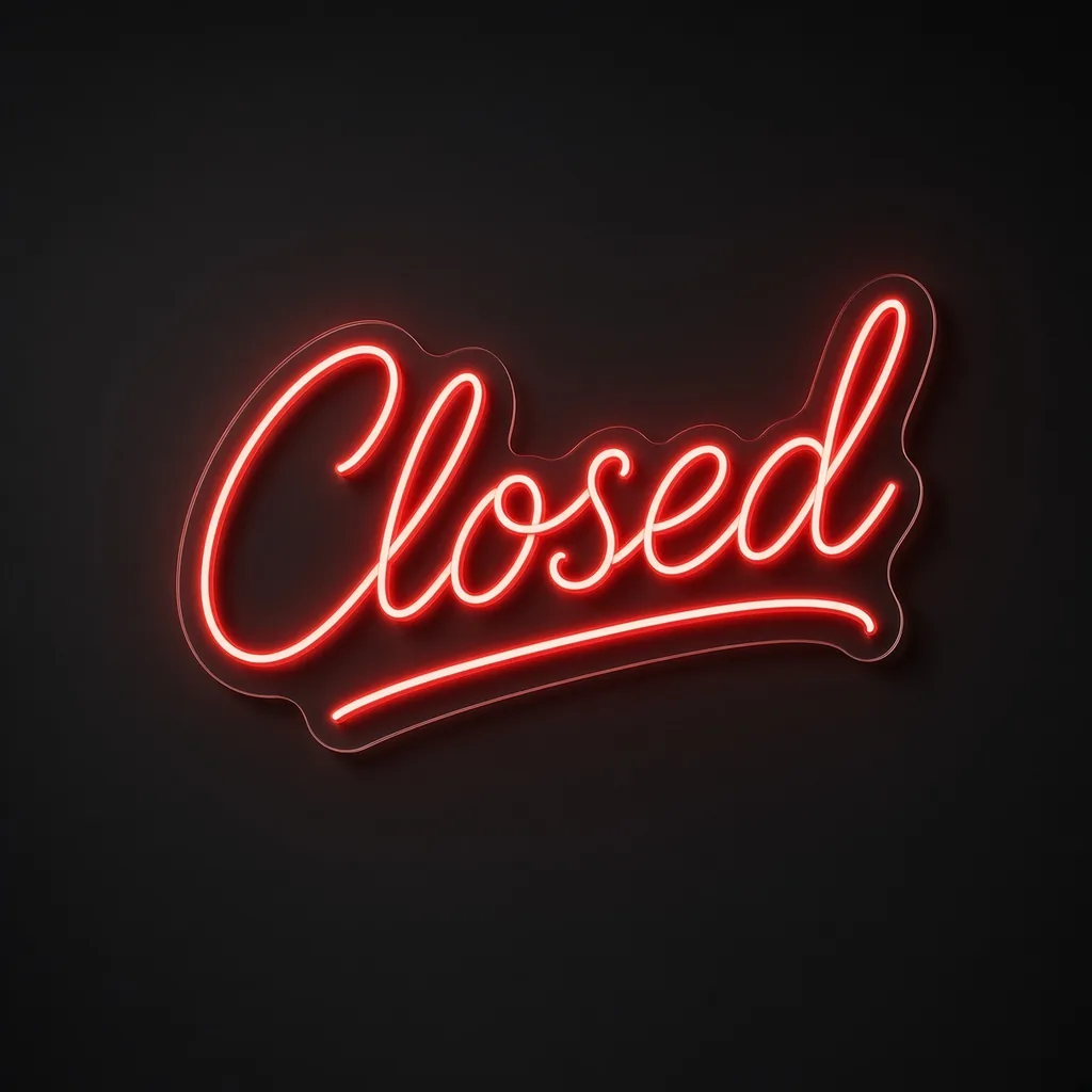 Closed LED neon sign in red on a clear cut-to-shape acrylic backboard