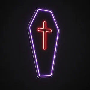Neon LED Coffin viola e rosso su pannello in plexiglass trasparente sagomato