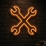 Αναμμένη πινακίδα νέον LED Crossed Wrenches σε εσωτερικό χώρο