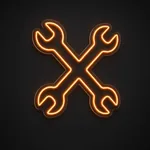 Πινακίδα νέον LED Crossed Wrenches σε πορτοκαλί, σε διάφανο ακρυλικό κομμένο στο σχήμα