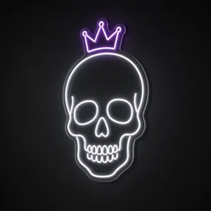 Neon LED Crowned Skull bianco freddo e viola su pannello in plexiglass trasparente sagomato
