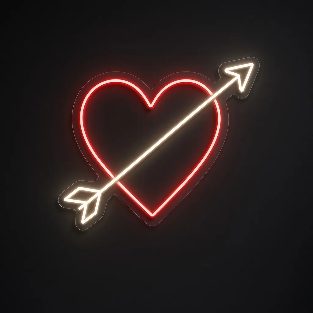 LED-neonbord Cupid's Arrow in rood en warmwit op transparante acrylplaat, op vorm gesneden