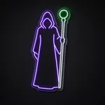 Néon LED Dark Warlock em violeta, branco frio e verde sobre placa de acrílico transparente recortada