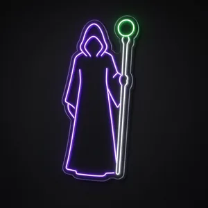 Neon LED Dark Warlock viola, bianco freddo e verde su pannello in plexiglass trasparente sagomato
