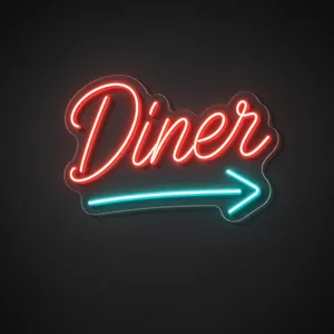Neon LED Diner rosso e turchese su pannello in plexiglass trasparente sagomato