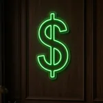 Néon LED Dollar Sign allumé, mis en situation dans un intérieur