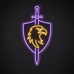 Πινακίδα νέον LED Eagle Crest σε μωβ και θερμό κίτρινο, σε διάφανο ακρυλικό κομμένο στο σχήμα