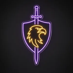 Neon LED Eagle Crest viola e giallo caldo su pannello in plexiglass trasparente sagomato