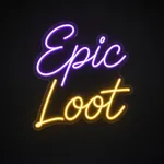 Neón LED Epic Loot en violeta y amarillo cálido sobre placa de acrílico transparente recortada a medida