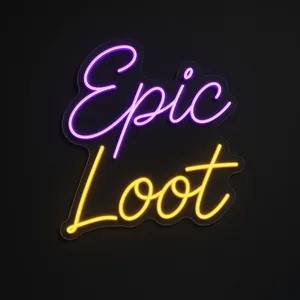 Neon LED Epic Loot (fiolet i ciepła żółć) na przezroczystej płycie akrylowej wyciętej po konturze