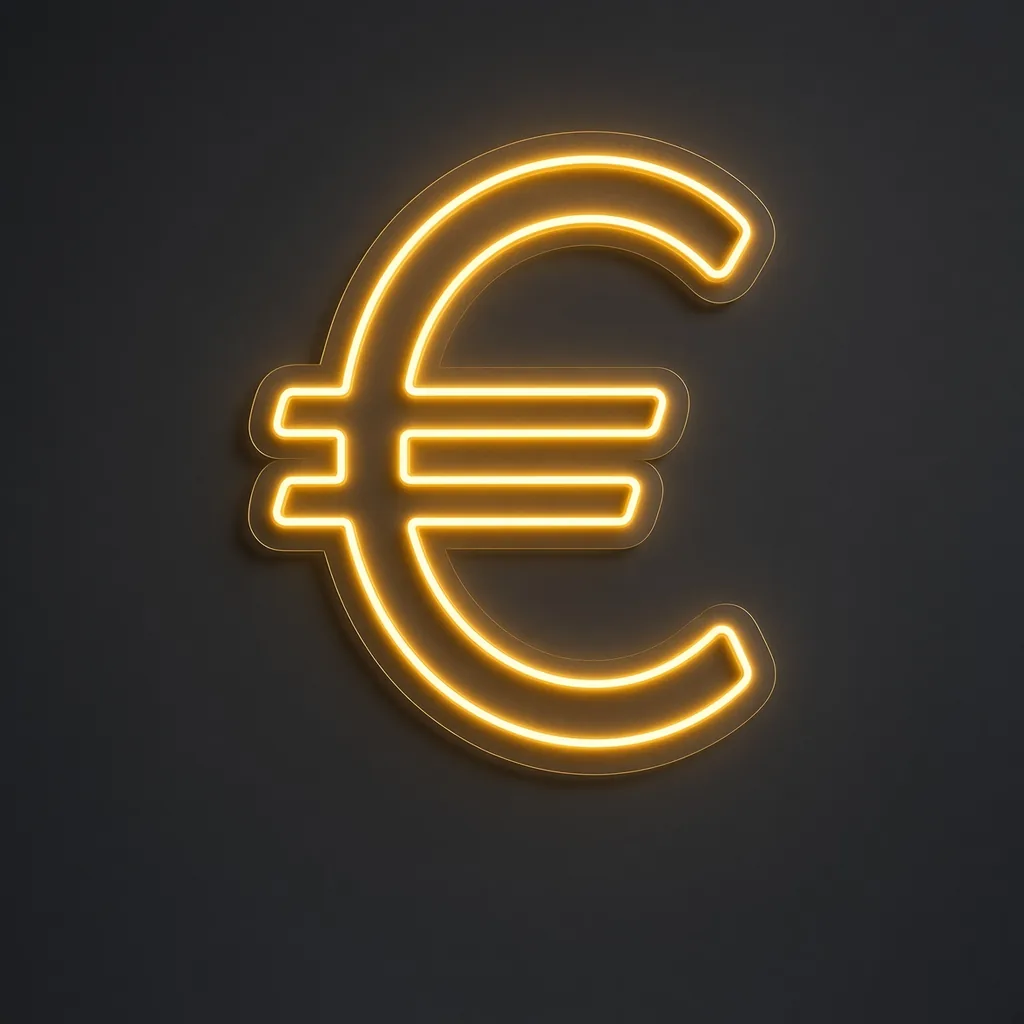 Néon LED Euro Sign jaune chaud, sur plaque en acrylique transparent découpée à la forme